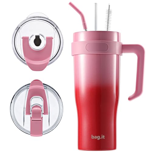 Travel Mug with Handle & Straw, Tumbler with Lid 30oz, Stainless Steel Coffee Cup with +2 Straws & Lids | Leak Proof Vacuum Insulated Water Bottle for Hot & Iced Drink (Exotic, 900ml)