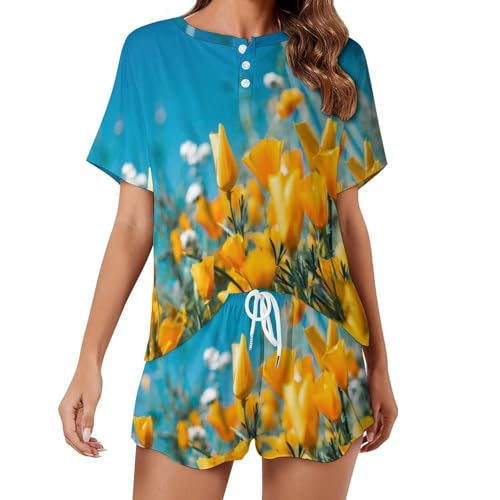 Pyjama femme ensemble fleurs jaunes vêtement de nuit contre la chaleur