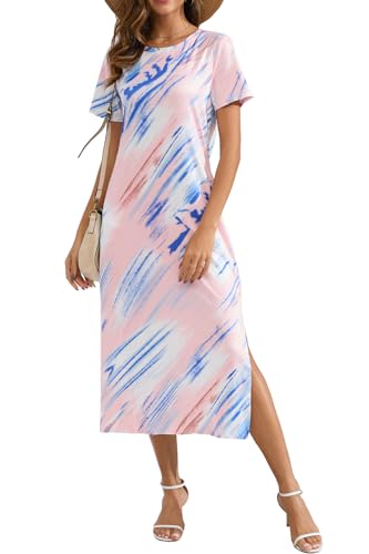 Image of Naggoo Summer Dresses for Women Short Sleeve Side Slit Long T Shirt Dress Beach Sundress Travel Vacation Outfits with Pockets