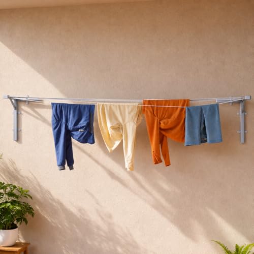 Image of StayHappy Wall Mounted Foldable Cloth Drying Stand | Space Saving Collapsible Metal Clothes Dryer Stand for Balcony & Indoor Use | Wall Mounted Laundry Drying Stand with Free Clothesline (Silver)