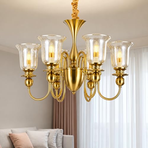 Image of Italian Chandelier Light, 6 Light Champagne Glass, Brass Finish for Dining Hall, Drawing Room, Lobby, Hall, Cafe, Hotel with 6 Filament Bulbs, Gold