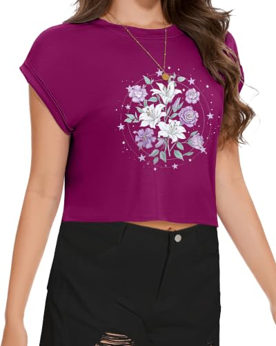 Image of Womens Crop Tops Summer Roll Cap Sleeve Cropped Tshirt Loose Fit Basic Tees