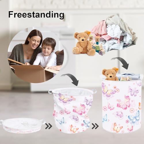 Clastyle 45L Large Purple Pretty Butterfly Kid Girl Laundry Hamper with Handle Collapsible Pink Flowers Clothes Toy Storage Basket with Lid for Nursery - Image 3
