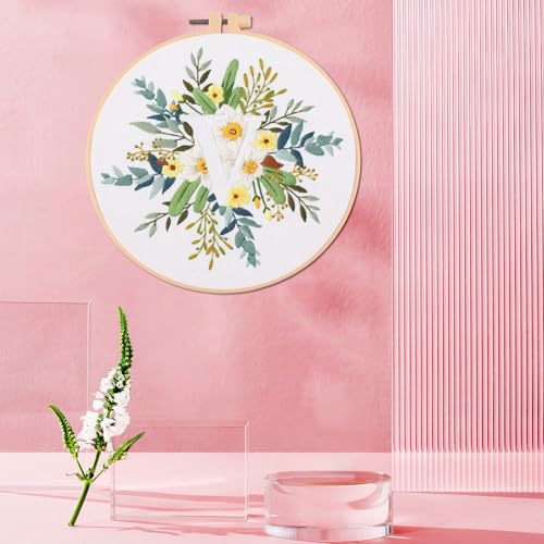 Image of IUHUI Embroidery Kit for Beginners Adults - 26 Floral Letters Easy Patterns, DIY Hand Stitching Embroidery Set with Hoop (Flower and Grass Letter V)