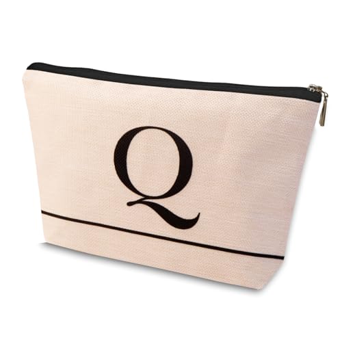 HDYHDY A-Z イニシャル モノグラム メイクアップバッグ レディース ママギフト ウォッシュトラベルコスメバッグ スモールジッパーポーチ, ベージュ, 質問: