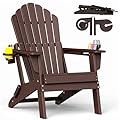 Folding Adirondack Chair with Dual Cup Holders, Ergonomic High Back HDPE Fire Pit Chair, 380lbs Capacity All-Weather Outdoor Patio Lounge Chair for Garden, Deck, Yard - Coffee