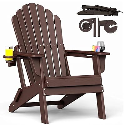 Folding Adirondack Chair with Dual Cup Holders, Ergonomic High Back HDPE Fire Pit Chair, 380lbs Capacity All-Weather Outdoor Patio Lounge Chair for Garden, Deck, Yard - Coffee