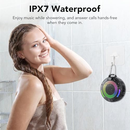 Image of Bluetooth Speaker, 2025 Portable Wireless Shower Speaker, Digital Display Portable Speaker with Detachable hook ,IPX7 Waterproof with LED Light, HD Sound & Bass for Bathroom, Pool, Beach & Outdoor