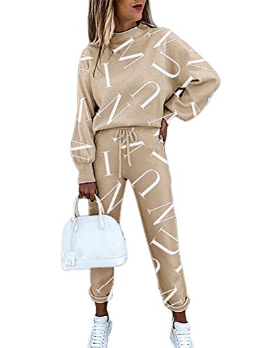 ORANDESIGNE Combinaison de Sport pour Femmes Mode Vêtements de Sport Sweat Shirt à Manches Longues Pantalon Hauts Tenue de Jogging Tenue Décontractée Ensemble 2 Pièces B Kaki XS Cover