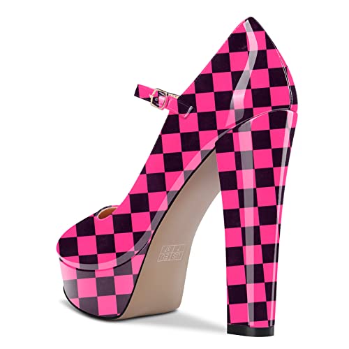 HDEUOLM Women Chunky Block High Platform Heel Mary Jane Round Toe Pumps Slip-on Party Dress Shoes 5.1 Inches Heels3