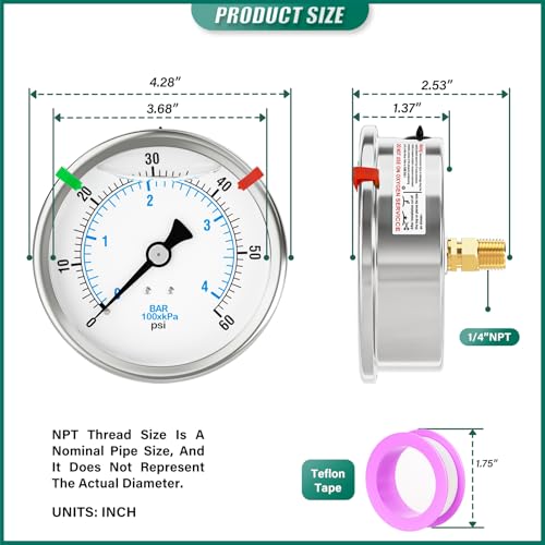 Image of 0-60PSI Stainless Steel Liquid Filled Pressure Gauge, 4 inch Dial Size, 1 /4 inch NPT Back Mount, for Tube, Water Pump, Gas, Liquid, Pressure Test (with Range Mark Pointer)