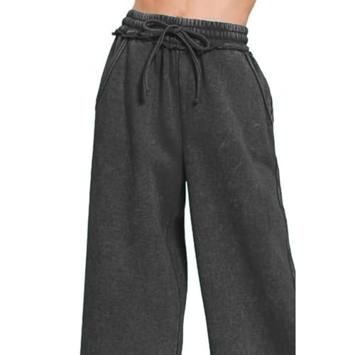 Women’s Acid Wash Palazzo Sweatpants Casual High Waist Washed Wide Leg Pants Baggy Drawstring Trousers with Pockets4