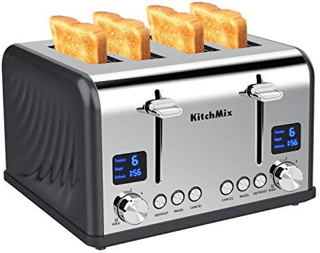 KitchMix Toaster 4 Slice, Bagel Stainless Toaster with LCD Timer, Extra Wide Slots, Dual Screen, Removal Crumb Tray (Gray)