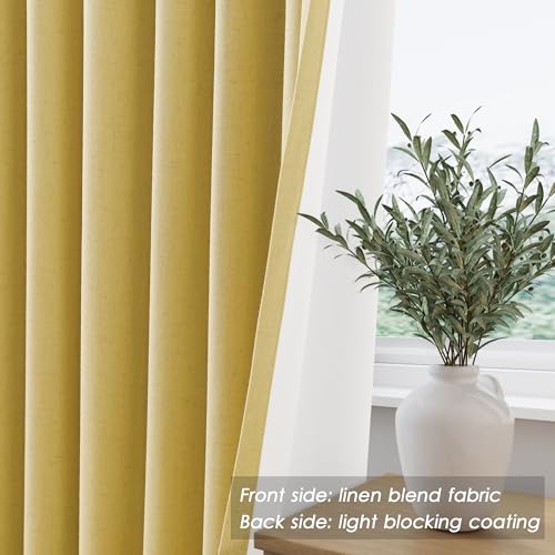 Image of Nanspring Gold 100% Blackout Linen Curtains 84 Inch Length 2 Panels Set for Bedroom Back Tab Modern Farmhouse Decor Black Out Curtain for Living Room Office Thermal Insulated Drapes 52x84