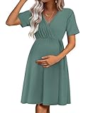 Ekouaer Maternity Nursing Dress V Neck Short Sleeve Breastfeeding Dresses Ribbed Knit Pregnancy Clothes Green M