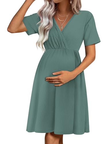 Image of Ekouaer Maternity Nursing Dress V Neck Short Sleeve Breastfeeding Dresses Ribbed Knit Pregnancy Clothes S-XXL
