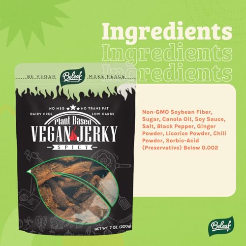 BE LEAF Spicy Vegan Jerky | Hot Meat-like Plant-Based Jerky | Delicious Meat Substitute | Low Carb, Non-GMO, Dairy Free, Plant Protein | Natural Ingredients | Savory Spicy Healthy Snack | 7 oz