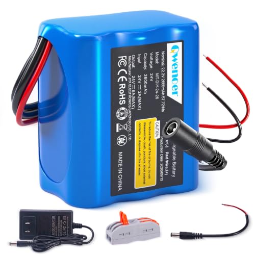 22.2V-24V 2.6Ah Lithium Battery 22.2V-24V Rechargeable Li-ion Battery with Charger Bare Leads Wire Cable Connector for Kids Ride On Cars DIY Project Solar Panels LED Light Strip CCTV Camera
