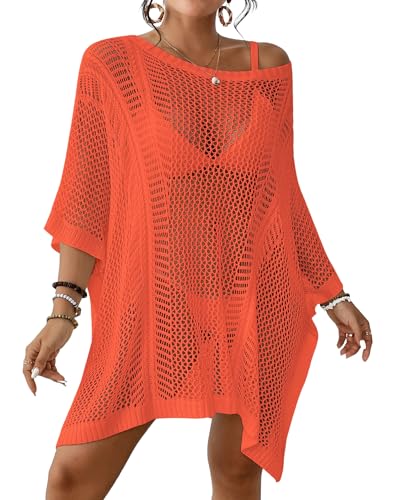 Bsubseach Strand Cover Up Sexy Ausgehäkeltes Cover Up Gestrickte Strand-Outfits mit Fledermausärmeln Orange