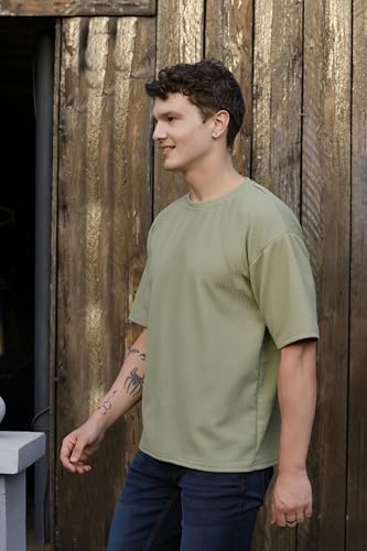 Image of Zilcon Mens Solid Unique Design Tshirt for Men - Round Neck Loose Fit Drop Shoulder Polo Mens T-Shirt