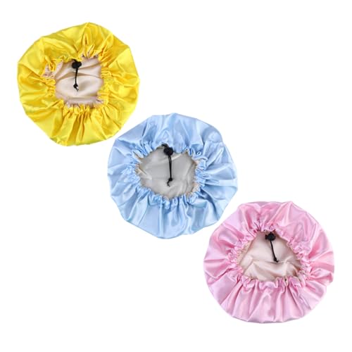 Gogogmee 3 Piezas Gorros de Satén Ajustables para Suaves y Transpirables Protectores de Cabello para Dormir y Baño Colores Amarillo Azul y Rosa Talla