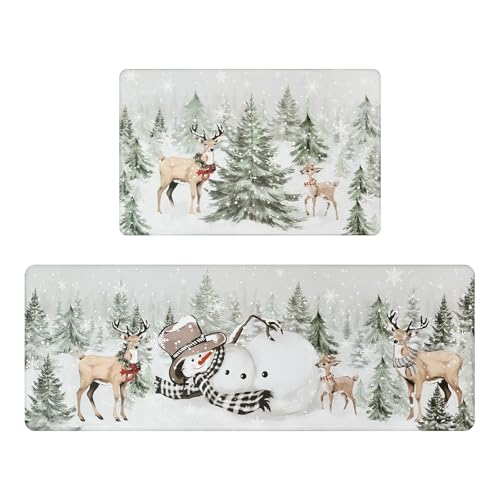 U'Artlines 2Pcs Christmas Anti Fatigue Kitchen Rugs And Mats, Christmas Tree Snowman Deer Non Slip Foam Cushioned Farmhouse Kitchen Floor Mats Comfort Standing Mats For Winter Home Decor Grey cover