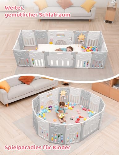 Dripex Laufstall Baby faltbar 150x150x62cm (14 Paneele) mit Spielboard, Laufgitter Baby, Kinderlaufstall & Babyzaun aus strapazierfähigem Plastik, Playpen für Innen & Außen, Grau