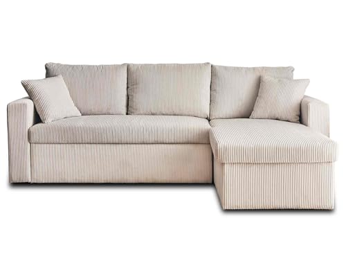 Bestmobilier - Canapé d'angle Convertible avec Coffre Réversible Cyrus en Velours Côtelé - Canapé Lit - Sofa Beige 4 Places - Angle Droit - ou Gauche - Salon