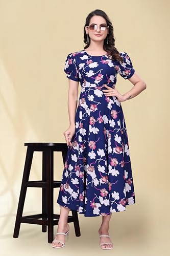 Image of Women's A-Line Crepe Maxi Dress | Stylish Fit and Flare Dress with Round Neck Short Puff Sleeves for Casual Wear