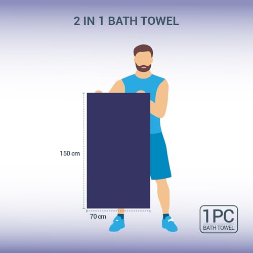 Image of Welspun 2-in-1 Towels for Bath Large Size | 100% Cotton Bath Towel | 250 GSM | High Absorbency & Quick Dry | Soft Feel | Bath Towel for Men & Women | 70 x 150 cm | Navy Blue