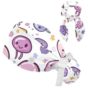 Jellyfish in The Ocean (4) Women Surgical Cap with Buttons, Long Hair Scrub Hat with Bow Hair Scrunchy Ponytail Holder