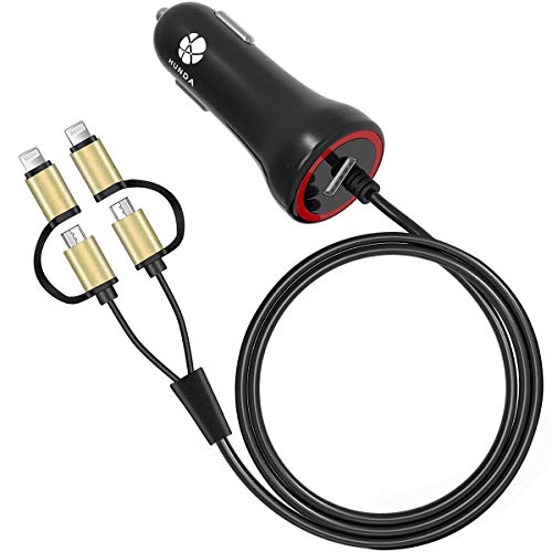 HUNDA Chargeur Voiture iPhone, 24W/4.8A Rapide Chargeur de Voiture iPhone avec Cable Extensible Lightning Compatible iPhone XR/XS/X/8 Plus, iPad ou d'autres Téléphones et Tablettes Android