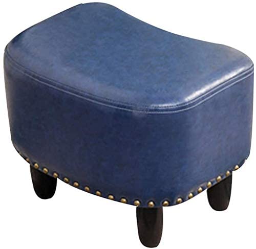 Pouf en cuir touffeté bleu et bois massif finition haut de gamme