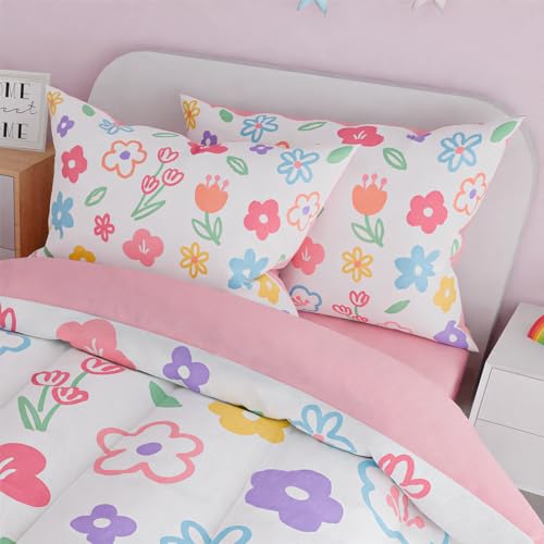 Image of SANDJEST Floral Twin Bedding Sets for Girl, Ultra Soft Microfiber Comforter Bed Set with 3-Pieces, Flower Comforters Sets for Kids Children Girl Teen Tween Bedroom Decor