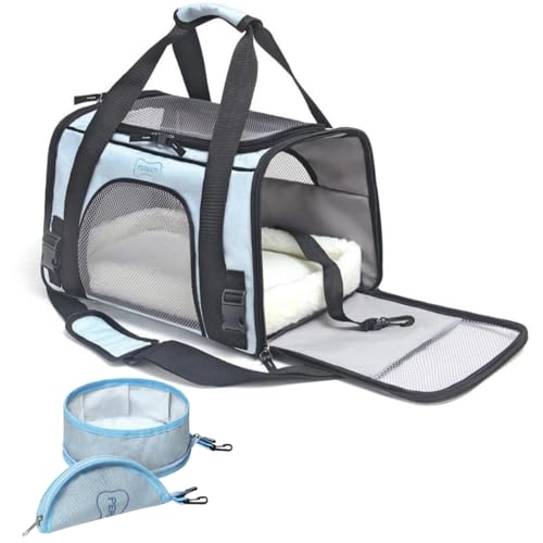 Bolsa De Transporte Pet Azul 28cm x 25cm x 43cm e Bebedouro Azul Avião Carro Perigot Para Cães e Gat