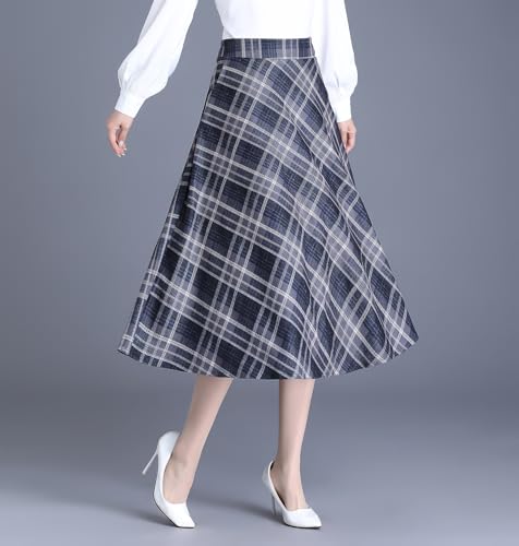 Women's Winter High Waist Plaid Long Skirt Slim A-line Elegant Midi Skirt with Pocket3
