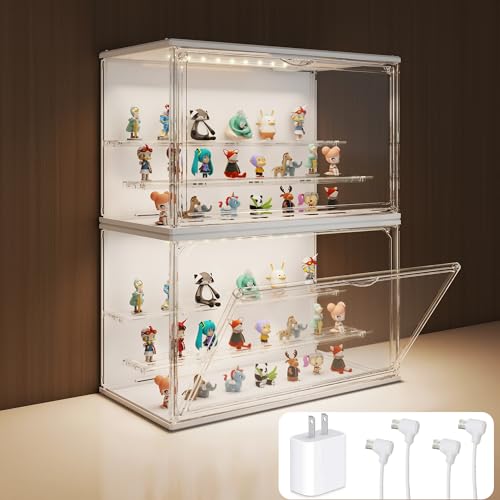 VERSSURE Vitrina transparente para coleccionables, vitrina de figuras de 3 niveles con luz LED, contenedores de almacenamiento apilables con puerta magnética para juguetes, joyas, mini figuras (2