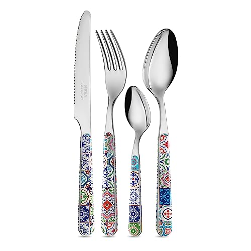 NEVA | BISTROT Maiolica Set 24 Posate, Set Posate in Acciaio Inox, Lavaggio in Lavastoviglie, Decorazione Indelebile, Policroma