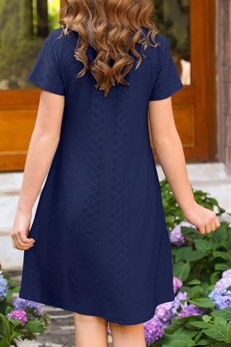 YOVION Girls Summer Eyelet Dress, Short Sleeve A-Line Swing Casual Sundress with Pockets for 6-12 Years Navy Blue — view 4