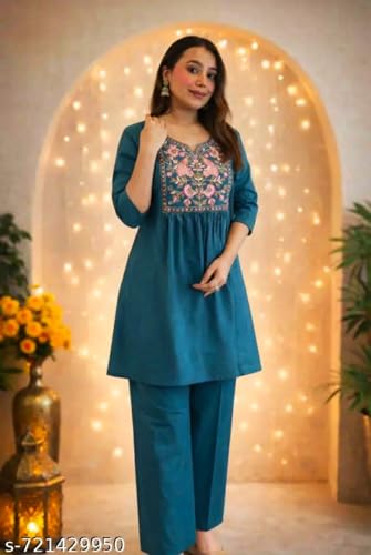 Image of Women's Rayon Embroidered Kurti with Pant Set | Floral Yoke Design | 3 /4 Sleeve Ethnic Co-Ord Set | Regular Fit Traditional Outfit