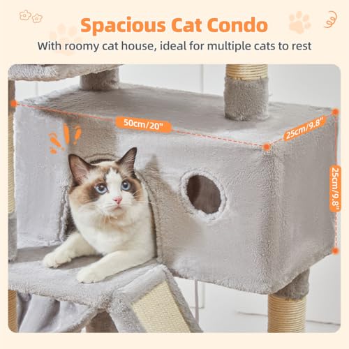 Image of Taoqimiao Cat Tree 57.5-Inch, Cat Tower for Indoor Cats Large Adult, Extra Large Cat Condo, 8 Sisal Scratching Posts, Metal Frame Cozy Hammock, Durable Scratch Board, 2 Top Perches, Light Gray MS026W