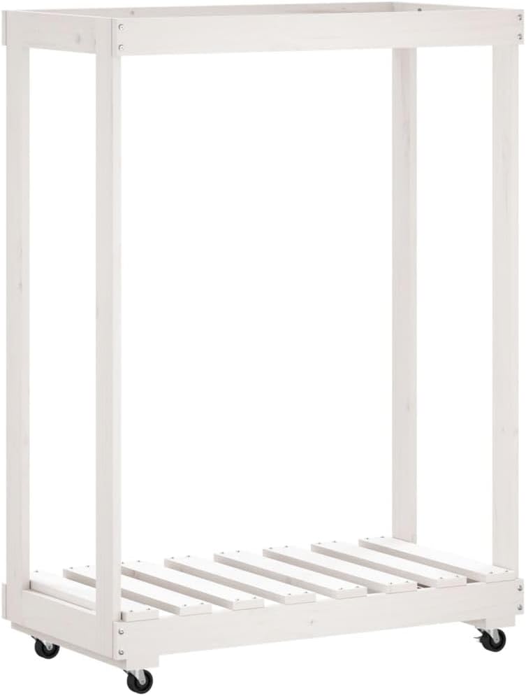 Solid Wood Log Holder with Wheels, Firewood Rack for Fireplace Storage Room, Firewood Carrier for Fireplace, Fire Pit, White 30.1"x15.7"x42.5" Solid Wood Pine, -447