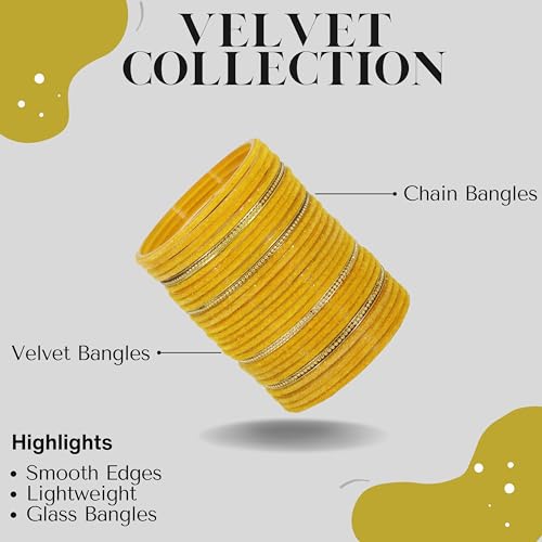 Image of NMII Glass Bangles For Women and Girls with Velvet and Golden Ballchain Linked | Plain Glass Bangles | Velvet Chudi Set | Bangles For Women | Stylish Glass Chudi Bangles- Set of 28