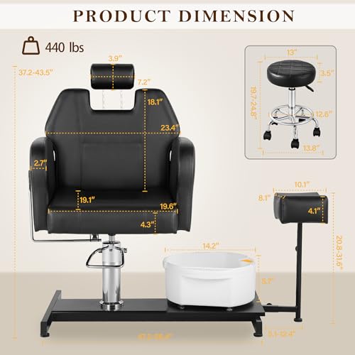 KIIUMI Pedicure Chair No Plumbing, Rclining Pedicure Nail Chair for Nail Tech Pedicure Station with Foot Massage Basin & Stool, Profesional 360 ° Swivel Foot Spa Hydraulic Adjustable Salon Equipment