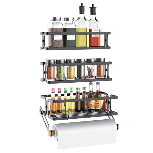 3 Pack Spice Rack Wall Mount With Paper Towel Holder and Hooks,Space-Saving Spice Organizer for Spice Jars and Seasonings, Hanging Spice Rack Organizer Kitchen for Cabinet, Pantry,Black