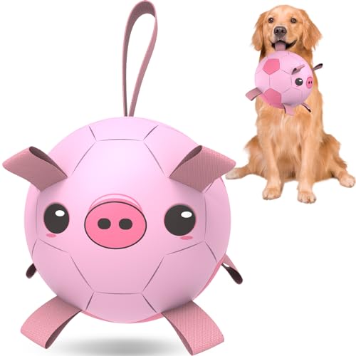 Image of QDAN Dog Toys Soccer Ball with Straps, Balls for Dogs, Pig Dog Toy, 8 Inch | Interactive Dogs Toys for Tug of War, Puppy Birthday Gifts, Dog Water Toy, Durable Dog Balls Toys for Medium & Large Dog