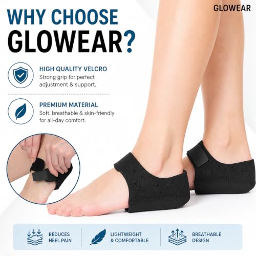 Image of Glowear Silicone Gel Heel Cups & Heel Pads for Heel Pain Relief | Plantar Fasciitis, Heel Cap & Heel Protector for Men & Women | Breathable Cushion Support | Washable & Reusable | Black, Small