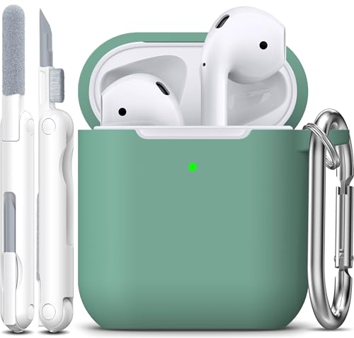 Image of AirPods Case Cover with Keychain, R-fun Full Protective Silicone AirPods Accessories Skin Cover for Women Girl with Apple AirPods Wireless Charging Case,Front LED Visible-Pine Green