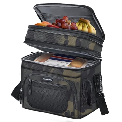 ExtraCharm Lunch Box for Men/Women Adults - Insulated Large Double Deck Leakproof Expandable Lunch Bag with Adjustable Shoulder Strap, Heavy Duty Cooler Bag for Work Camping Picnic (Camo)