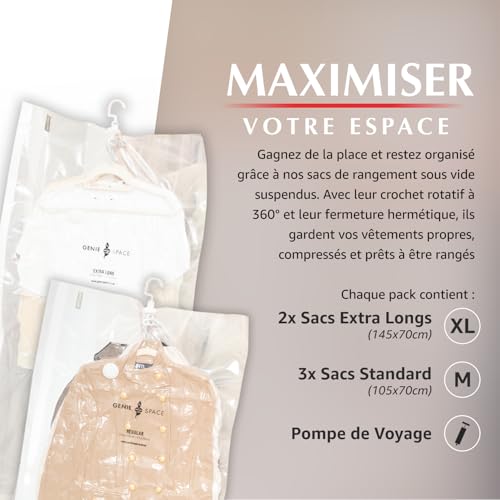 Sacs sous vide à suspendre GENIE SPACE 105x70 cm | Lot de 5 housses de rangement avec pompe - 3